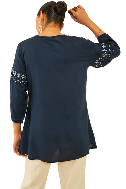 Soch Womens Navy Blue Rayon Embroidered Empire Tunic with Tie-ups