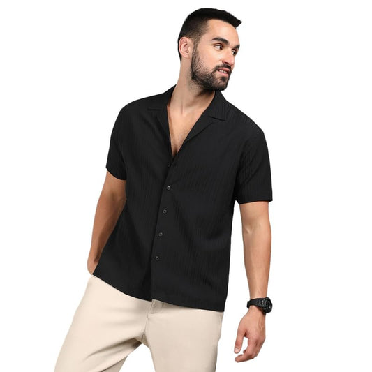 Campus Sutra Mens Charcoal Black Self-Design Striped Shirt for Casual Wear | Spread Collar | Short Sleeve | Button Closure | Sh