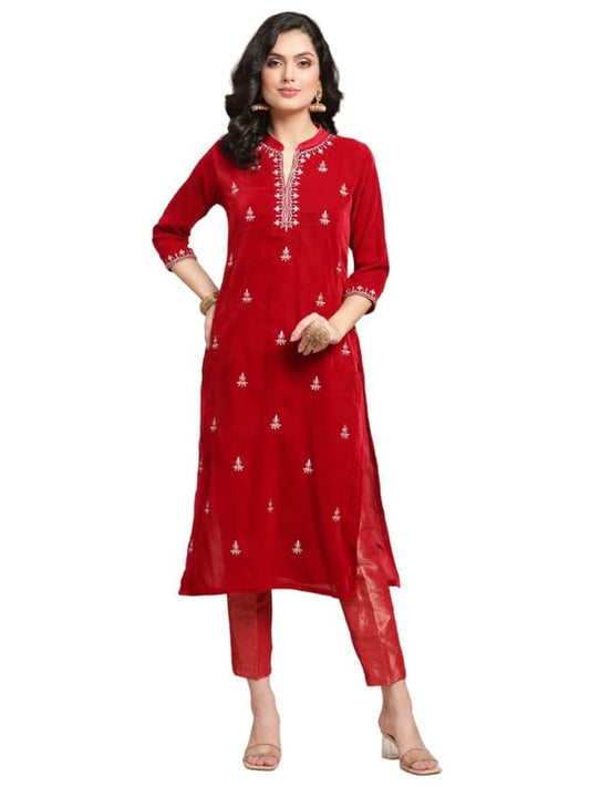 Varanga Women Red Embroidred Velvet Kurta Paired with Brocade Trouser
