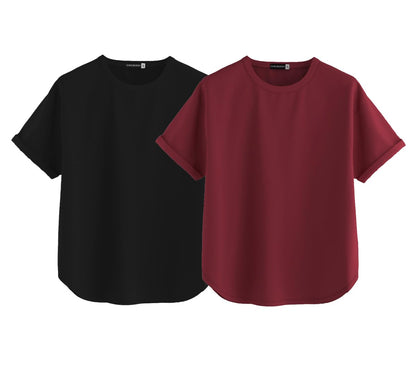 Juneberry Pure 100% Cotton Oversized Loose Baggy Fit Round Neck With Drop Shoulder Black & Maroon Half Sleeves Boyfriend T-Shirt