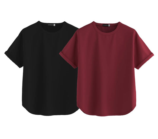 Juneberry Pure 100% Cotton Oversized Loose Baggy Fit Round Neck With Drop Shoulder Black & Maroon Half Sleeves Boyfriend T-Shirt