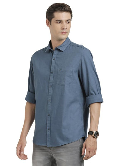 Turtle Men 100% Cotton Slim Fit Blue Solid Full Sleeve Casual Shirt