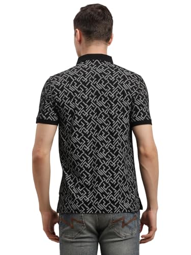 Turtle Men Slim Fit Black Printed Cotton Stretch Polo T-Shirt
