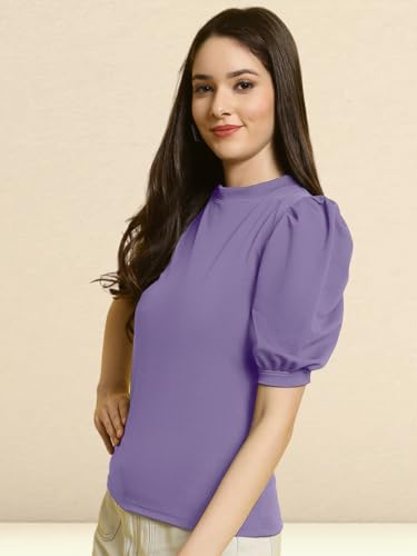 Tee Projekt Womens Casual Trendy Top with Stylish Short Puff Sleeves ll Casual Round Neck Tee with Classic Pattern Top