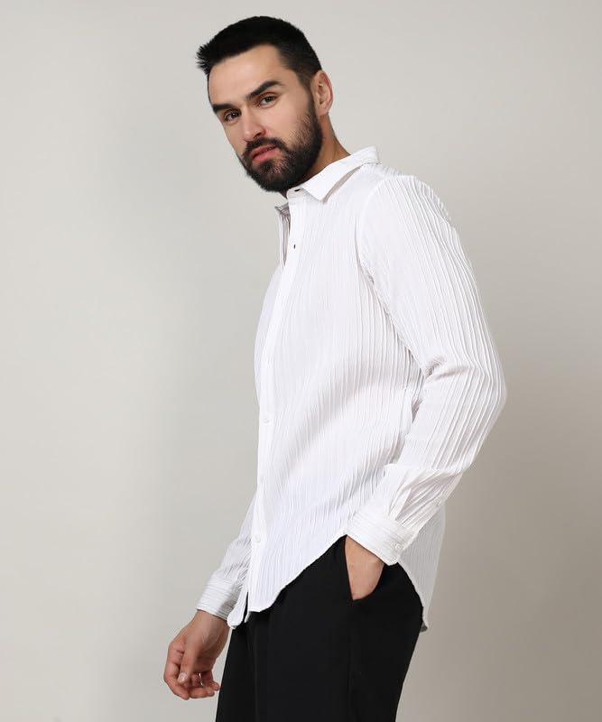 Campus Sutra Mens Chalk White Self-Design Striped Shirt for Casual Wear | Spread Collar | Long Sleeve | Button Closure | Shirt