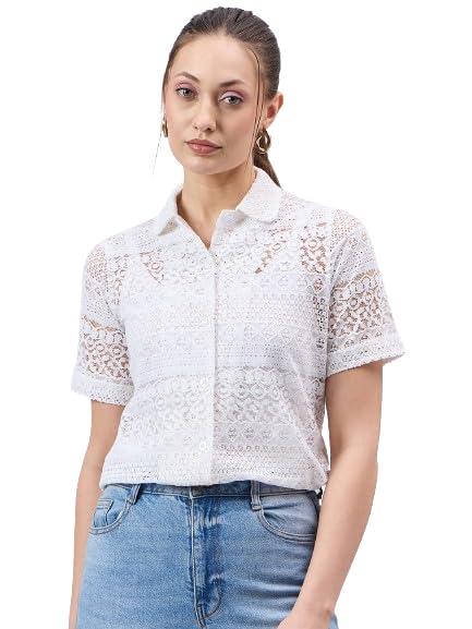 Style Quotient Women White Lace Smart Casual Shirt