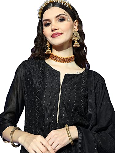 ishin Women's Black Embellished A-Line Kurta set With Trouser and Dupatta