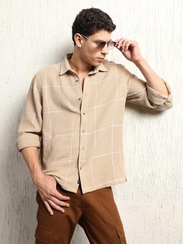 Hubberholme Men Summer Cotton Spread Collar Long Sleeves Oversized Casual Shirt 36 Beige