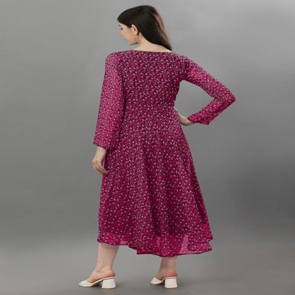 Trillmixa Georgette Floral Printed Full Sleeve V Neck Maxi-Length Fit & Flare Long Dress For WomenS (T-Mansi) Pink