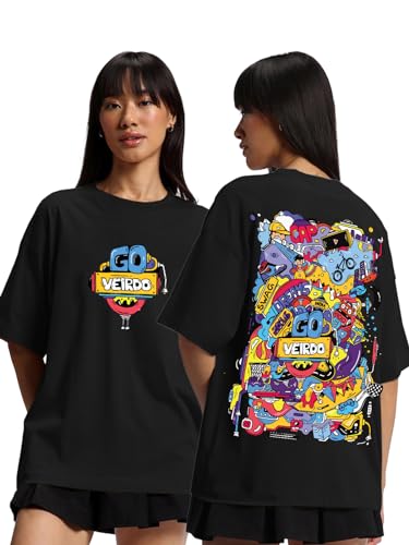 Veirdo Womens Oversized Loose Fit Cotton Back Graphic Printed Round Neck Short Sleeve Boyfriend T-Shirt with C