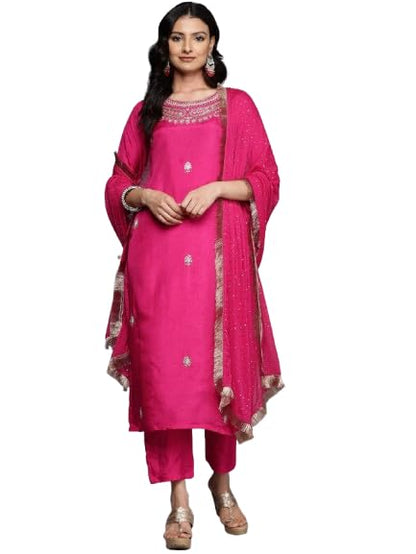 Varanga Women Pink Pure Silk Zardosi Embroidered Kurta Set With Dupatta