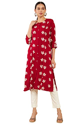 Red Rayon Screen Printing A-Line Fit Kurta