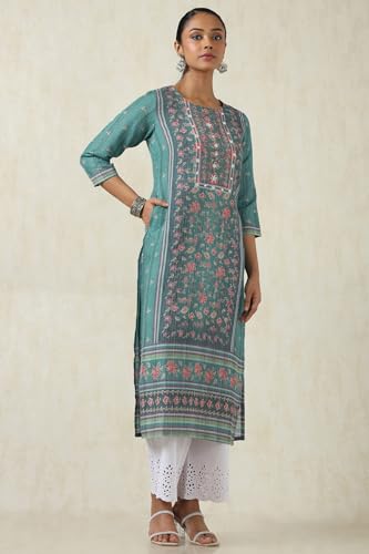Soch Womens Teal Rayon Botanical Kurta with Beeds