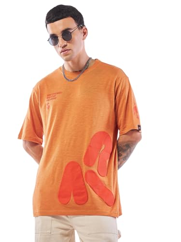 Bewakoof AIR Mens Graphic Print Oversized Fit Half Sleeve Round Neck Cotton T-Shirt_637010_Orange_M