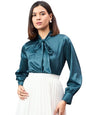 Style Quotient Women Solid Teal Satin Tie up Regular Formal Shirt