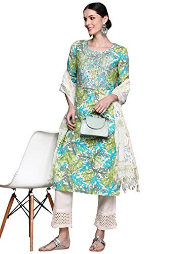 ishin Women's Purple Embellished A-Line Kurta Set With Trouser