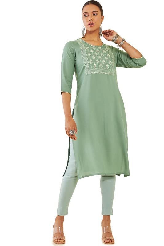 Soch Women Green Rayon Straight Kurta with Embroidered Yoke and Gota Patti Lace