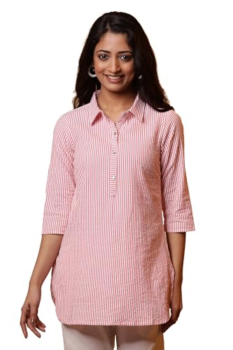 Peach And White Stripe Shirt Kurti (Size: S)-23Jua30449-704169