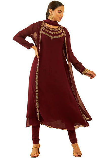 Soch Womens Maroon Georgette Cutdana Work Suit Set With Jacket And Dupatta