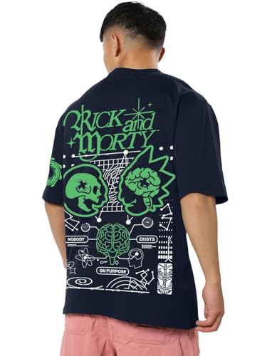 Bewakoof Official Rick and Morty Merchandise Mens Graphic Print Oversized Fit Half Sleeve Round Neck Cotton T-Shirt_680238_Blue