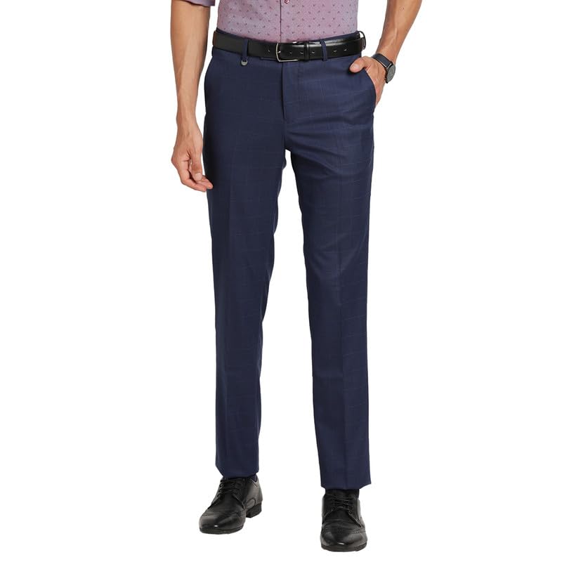Turtle Men Pv Stretch Navy Blue Check Slim Fit Formal Trouser