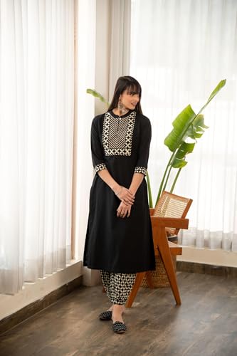 Lookmark WomenS 3/4 Sleeve Solid Black Color Kurti Pant Set, Cotton Blend, Knee Length, Stylish Ethnic Outfit, Office, And Casu