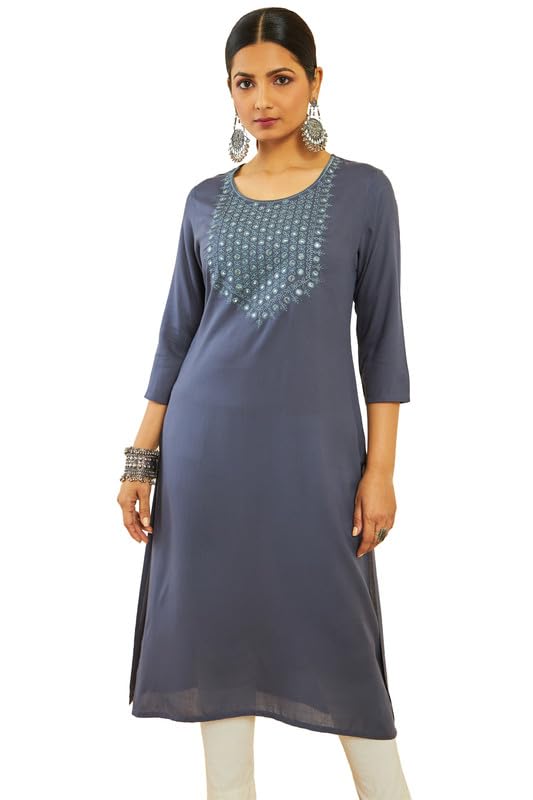 Soch Womens Dark Grey Rayon Floral Embroidered Round-Neck Straight Kurta
