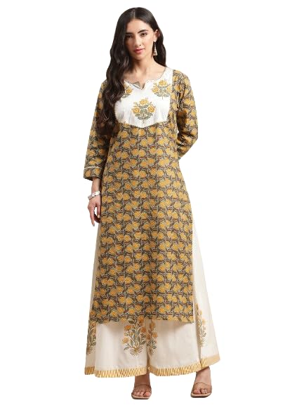 Varanga Women Mustard Yellow Ethnic Motifs Printed Gotta Patti Kurta