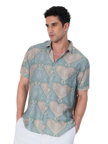 The Souled Store Holiday Shirt: Indie Men and Boys Short Sleeves Collared Neck Button Front Blue All Over Printed Cotton Blend R