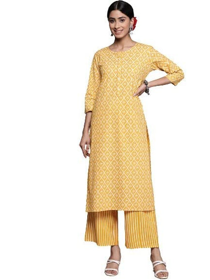 anubhutee Women's Cotton Mustard Ethnic Motifs Printed Straight Kurta Suit Set With Pants