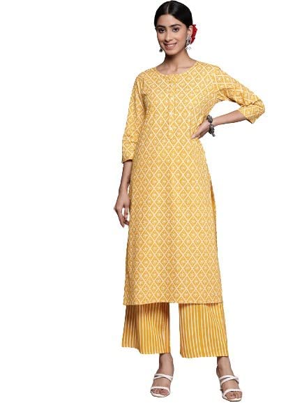anubhutee Women's Cotton Mustard Ethnic Motifs Printed Straight Kurta Suit Set With Pants