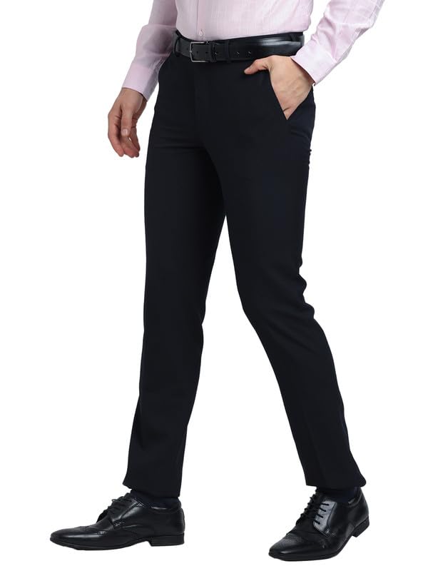 Turtle Men Poly Viscose Navy Solid Slim Fit Formal Trouser