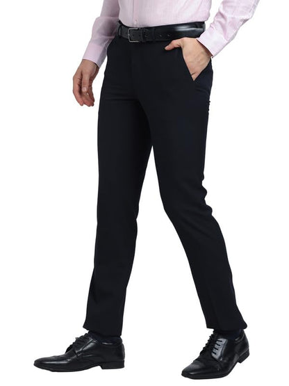 Turtle Men Poly Viscose Navy Solid Slim Fit Formal Trouser
