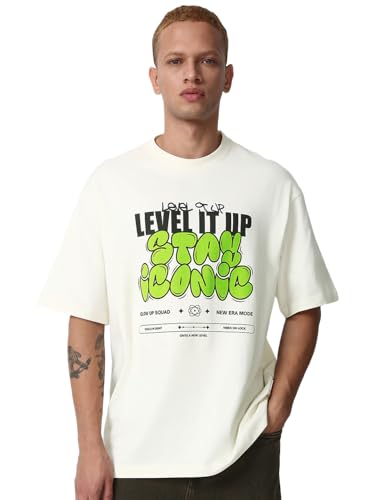 Bewakoof Mens Typography Print Oversized Fit Half Sleeve Round Neck Cotton Jersey T-Shirt_659688_Beige_S