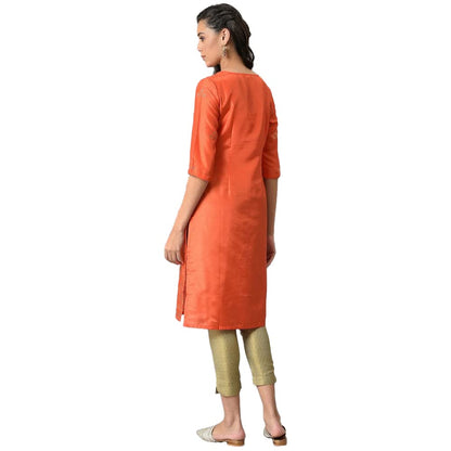 W For Woman Orange Geometric Printed Sequined Synthetic Regular Kurta With Mukaish