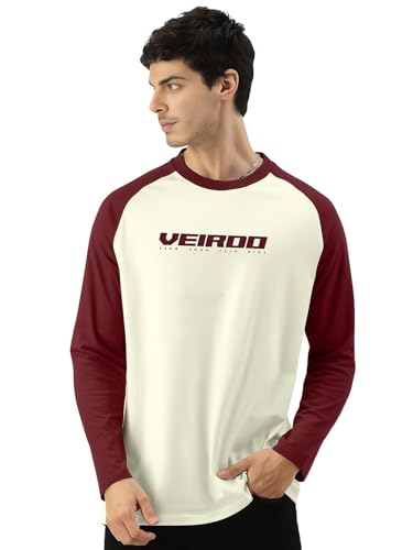 Veirdo Mens Cotton Regular Fit Round Neck Front Chest Typographic Logo Printed Raglan Full Sleeve T-Shirt