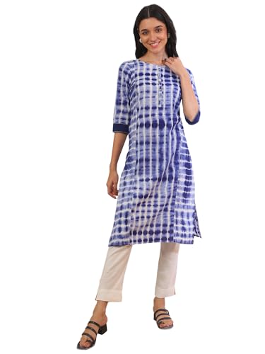 Aurelia Women's Blue Printed Pure Cotton Straight Kurta