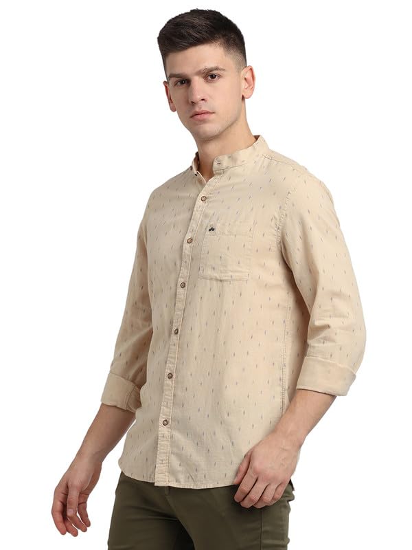 Turtle Men Cotton Linen Khaki Printed Slim Fit Full Sleeve Casual Shirt