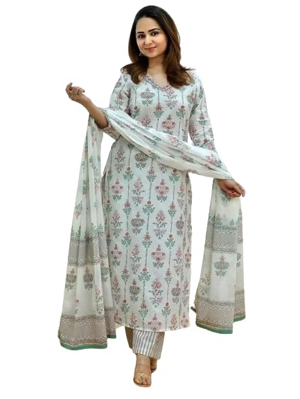 Pinkmint Womens Printed V Neck Kurta and Pant Set with Dupatta