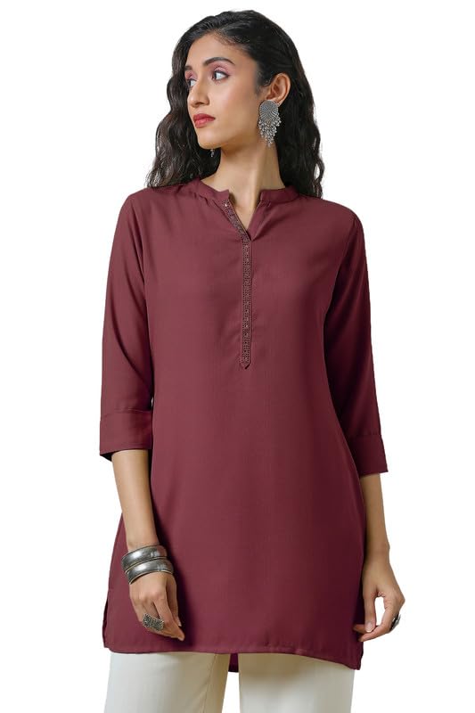 Soch Womens Maroon Mandarin Collar Stone Yoke Design Tunic