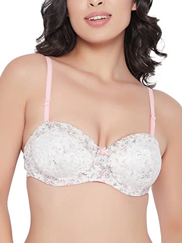 Clovia WomenS Padded Underwired Demi Cup Floral Print Strapless Balconette Bra (Br1679P18_White_38D)