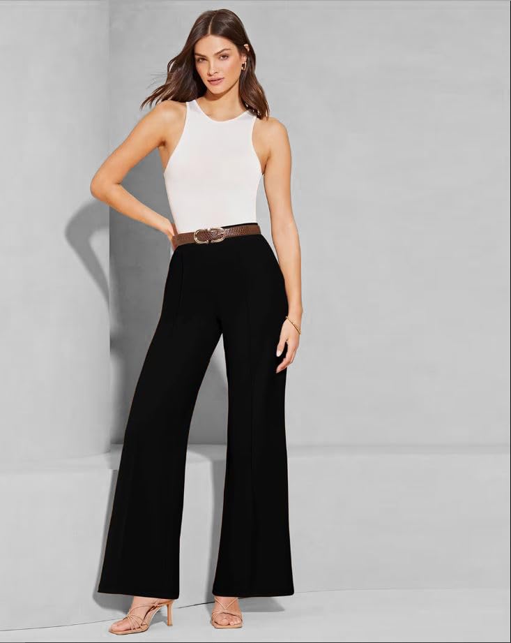 Toochki Womens High Waist Straight Fit Trousers | Black Solid Korean Stretchable Pants for Women | Regular Black Fit Elastic Wa