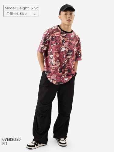 The Souled Store Scribbles Men and Boys Short Sleeves Round Neck Pink All Over Printed Cotton Oversized T-Shirts