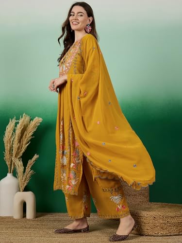 Serona Fabrics WomenS Faux Georgette Thread Embroidered Work Kurta With Palazzos & Dupatta