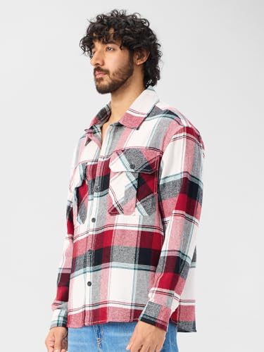 The Souled Store Plaid: Red, White, Blue Men and Boys Long Sleeves Collared Neck Button Front Cotton Oversized Flannel Shackets