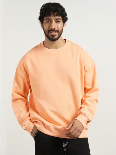Nobero MenS Cotton Blend Crew Neck Sweatshirt (1M-Twss-R0005_Peach Fuzz