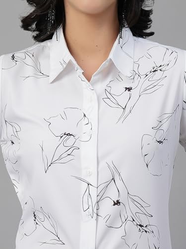 Style Quotient Women White and Black Floral Printed Polycrepe Regular Smart Casual Shirt