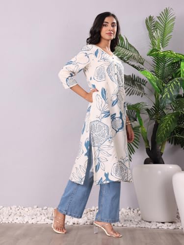 Varanga Women Bold Tropical Printed Cotton Flex Kurta  A Stylish And Comfortable Choice For Everyday Wear Off White