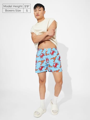 The Souled Store Get Crabby Men And Boys Elasticated Blue All Over Printed Cotton Boxer Shorts