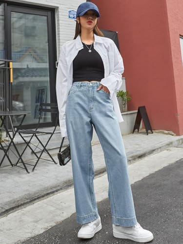 Greciilooks Women High Rise High Waist Jeans Wide Leg Straight Fit Denim | Baggy Cargo Style Casual Pants & Daily College Wear,
